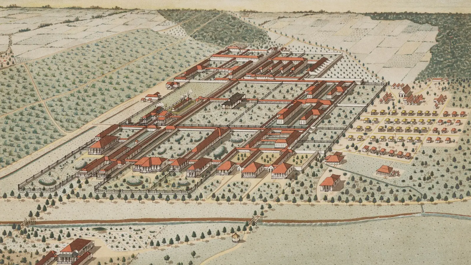 Krankzinnigengesticht Buitenzorg, kini RS Jiwa dr. H. Marzoeki Mahdi, Bogor. Litografi, tanpa tahun. Sumber: KITLV 50N8 (CC BY 4.0).